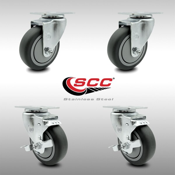 4 Inch SS Thermoplastic Rubber Wheel Swivel Top Plate Caster Set with 2 Brakes